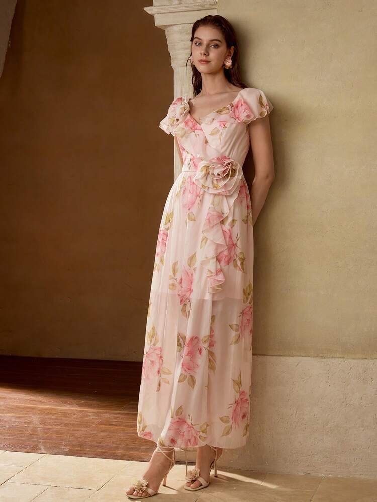 CHIFFON FLORAL PRINT RUFFLE TRIM STEREO FLOWER WAIST DRESS