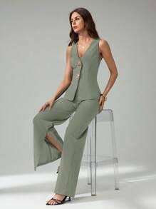 SHEIN Tall 2件套女士无袖开衫背心和休闲裤套装 - 薄荷綠 - 查看 7