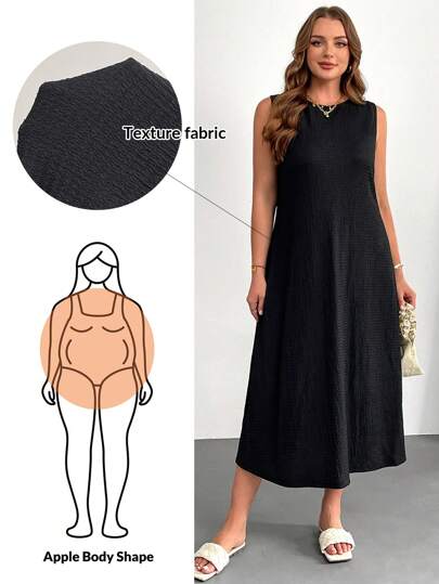 SHEIN Essnce 大码女装春夏时尚休闲宽松舒适基本款日常百搭纹理面料黑色无袖中长连衣裙，极简主义风格，老钱风格，女士教堂服装，女士机场服装，欧洲夏季，曲线连衣裙