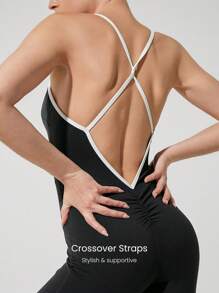GLOWMODE 24" FeatherFit™-Air Glow Get Em Crossover Straps Butt Scrunch Removable Cups Contrast Color Bodysuit Romper Low-Impact Yoga Pilates Studio Daily Casual Wear