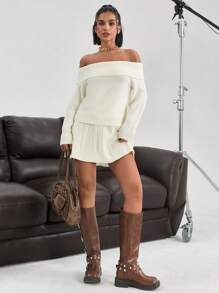 EURMUSE 1 Set Off-Shoulder Elastic Bodycon Sweater And Patterned Beanie & Mini Skirt, Casual 2 Pieces Set,Petite,Winter Clothes - White - View 4