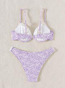 SHEIN Swim Mod Bộ đồ bơi 2 món có gọng họa tiết hoa màu vàng mùa xuân, đồ bơi bikini đi biển cắt eo hình tam giác, đồ bơi cho tiệc hồ bơi giản dị ngọt ngào dành cho nữ - Màu tím hoa cà - Xem 3