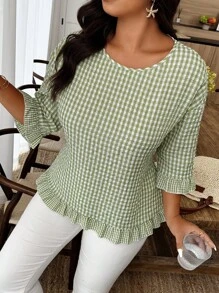Weeklong Plus Size Casual Vacation Plaid Ruffle Trim 3/4 Sleeve Blouse