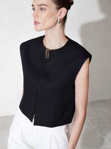 Aveloria Modichic 优雅职业通勤女士夹克，圆领，盖袖，方形金属扣设计，宽松版型，短款 - 黑色 - 查看 1