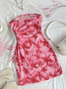 SHEIN Rochie scurtă cu imprimeu floral tropical, cu funde, model preadolescent, stil vară și eleganță, ținute asortate pentru mami și cu mine