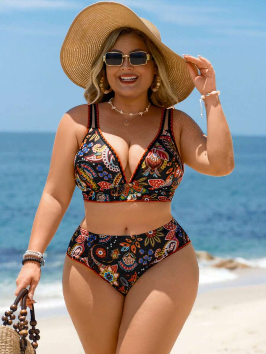 Swim Lushoire Plus Size Women Floral Print Bikini Set Vacation Style For Summer Party Vacation Black Boho Bohemian - Multicolor - View 1