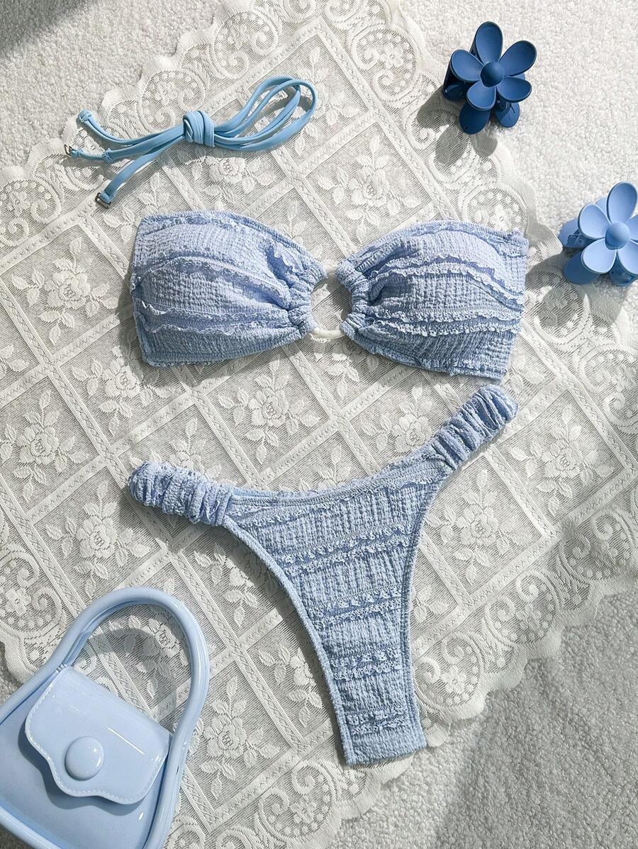 Swim Mod 夏季新款抹胸露背露肩提花面料可爱沙滩度假比基尼泳装套装