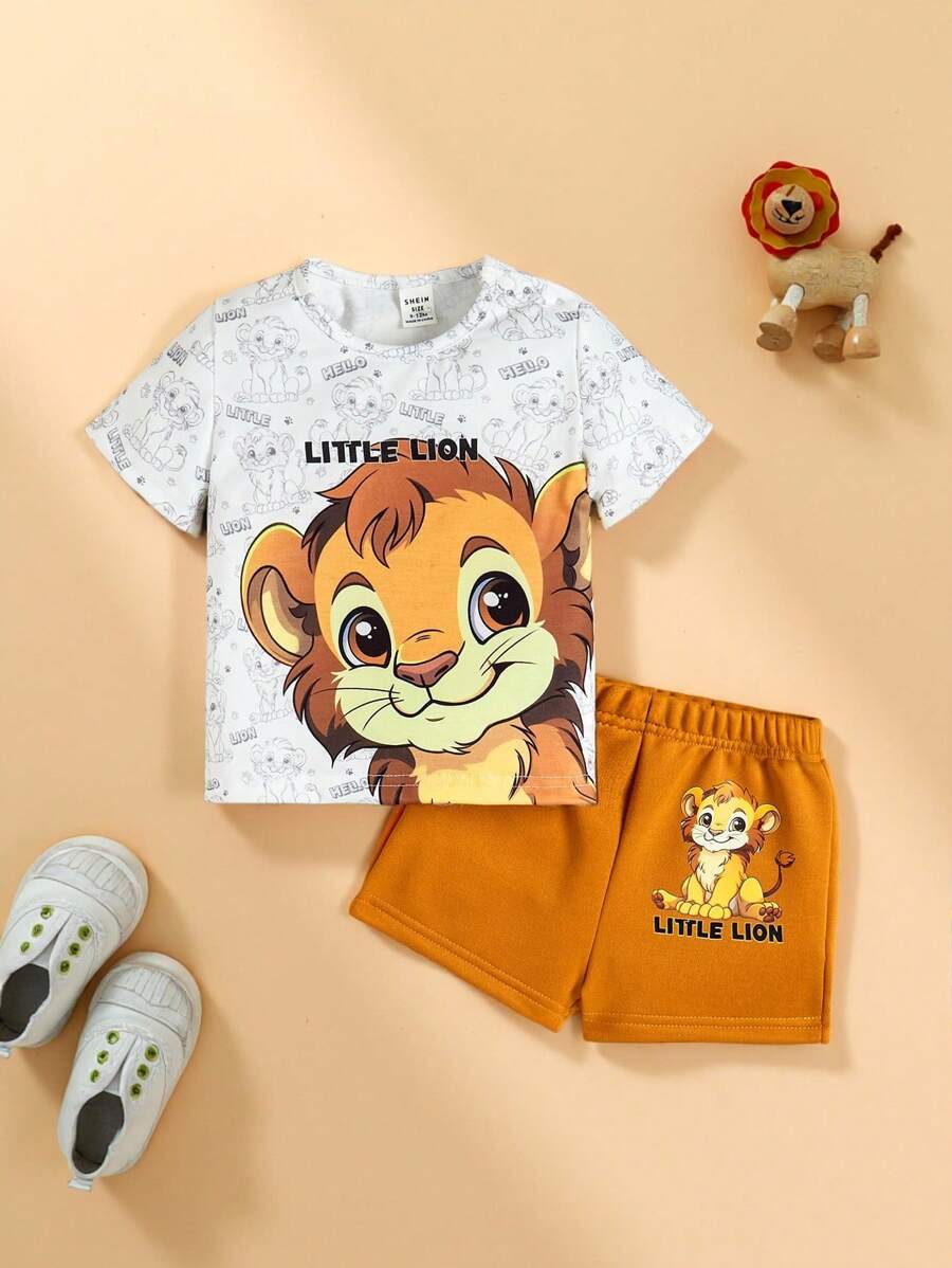 SHEIN 2pcs/set Baby Boys' Casual Fun Lion Pattern Printed Long Sleeve Top And Shorts For Streetwear, Spring/summer