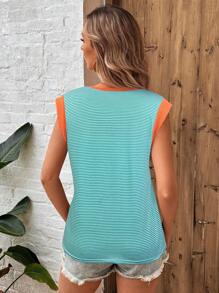 SHEIN LUNE 女式圆领无袖背心，拼色多色条纹印花休闲度假优雅 T 恤 - 彩色 - 查看 2