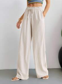 SHEIN Tall 女士纯色亚麻抽绳腰复古款长裤，通勤装，女士日常沙滩装夏装度假亚麻裤女士亚麻长裤，亚麻裤 - 杏色 - 查看 9