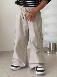 Dazy Kids 小男孩字母印花抽绳腰部工装口袋阔腿裤，返校服 - 灰色 - 查看 6