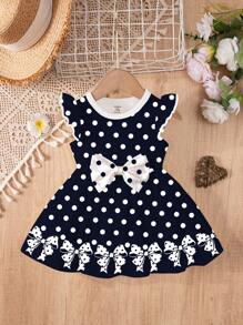 SHEIN Söt prickig klänning med rosett och långärmad tryck för babyflicka, lämplig för höst/vinter, rosett, prinsesschic, familjeutflykter, enkel komfort, uppskattad liten glädje, elegant outfit, babyns nödvändigheter, avkopplande semester, koreansk stil - Multifärgad - Visa 2