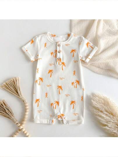 Loomiva 男婴椰子树图案针织柔软圆领短袖连体衣（含短裤）