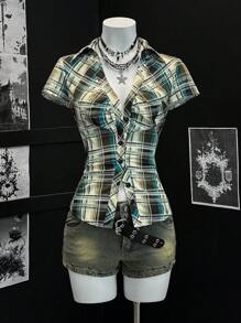 EgrlEra 女式夏季短袖格子荷叶边拼布衬衫