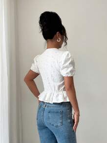 Elenzga Damen Bluse mit besticktem V-Ausschnitt, Rüschen-Ziernaht und Puffärmeln