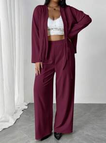 Firerie Plus Size Elegant Business Casual Two Pieces Set: Loose Tie-Front Blouse & High-Waist Relaxed Fit Pants, Suitable For Commute, Work, Afternoon Tea, Dates, Concerts, Parties, Vacation,Business Casual Woman