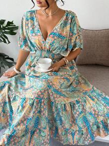 SHEIN Clasi Plus Size Women "Vacation" V-Neck Floral Print High Waist Ruffle Hem Dress - Multicolor - View 5