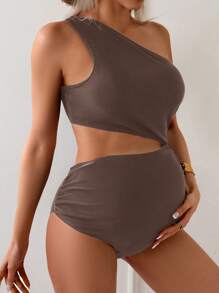 SHEIN 1pc Solid Color Modest Maternity Swimsuit, Suitable For Summer - Brown - View 4