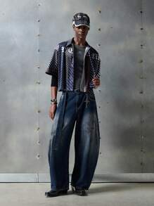 NEON BLANC Men's Street Style Woven Striped Tie And Letter Print Short Sleeve Shirt, Suitable For Summer