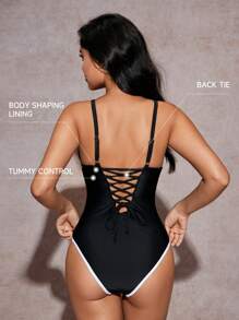SHEIN Swim 女式收腹露背吊带连体泳衣，带抽绳，黑白条纹，优雅休闲，适合春夏季度假、海滩、派对 - 黑與白 - 查看 2
