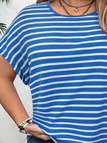 SHEIN VCAY Plus Size Vacation Rainbow Striped Short Sleeve Round Neck T-Shirt