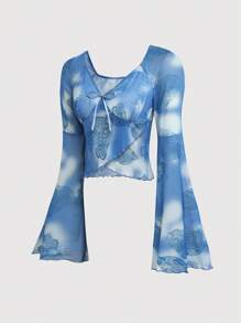 Retro American Chic V-Neck Flare Sleeve Printed Blouse Fall Cloth For Women