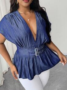 SHEIN Unity Blouse mode femme grande taille, décolleté en V profond, manches chauve-souris, design avec boucle à la taille, pour l'été - Bleu marine - Voir 1