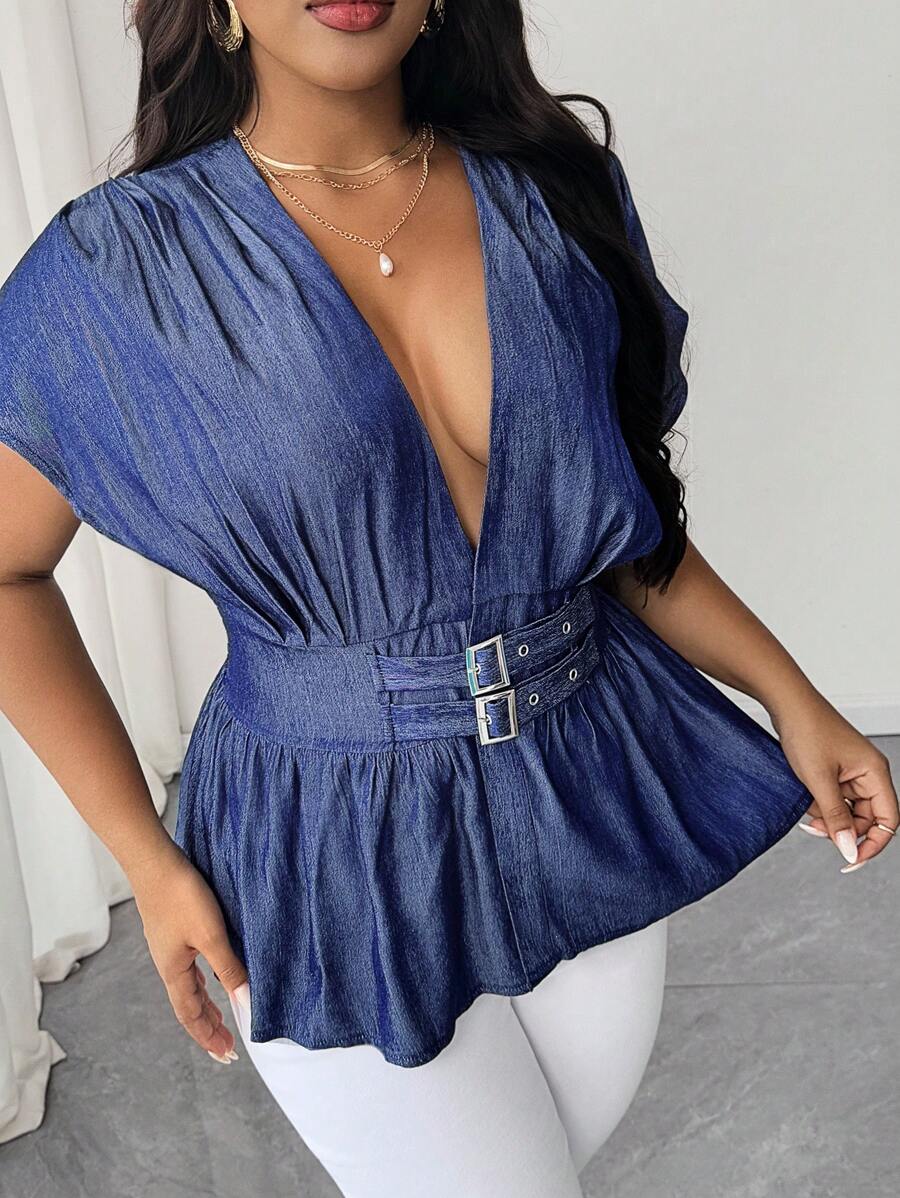 SHEIN Unity Blouse mode femme grande taille, décolleté en V profond, manches chauve-souris, design avec boucle à la taille, pour l'été - Bleu marine - Voir 1