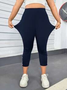 SHEIN Essnce Quần lửng màu xanh đậm, quần nữ, quần nữ, quần giáo viên, quần làm việc, quần Capri cho nữ, quần sân bay cho nữ, quần mùa hè cho nữ, quần legging cong, quần áo đi chơi, quần áo mùa hè châu Âu - Màu xanh hải quân - Xem 4