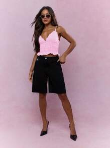 MISSGUIDED Shirred Gingham Crop Tank Top Ruffle Trim Cami Sweetheart Neckline Summer Lightweight Casual Party Festival Top - Pink - View 3