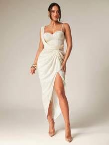 Silquee Summer Cream White Elegant Seductive Formal Ladies Textured Jacquard Pleated High Slit Asymmetrical Neckline Built-In Bra Cotton Dress For Wedding - Beige - View 3