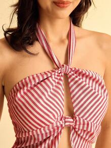 CAJUNI Women's Summer Vacation Striped Print Halter Neck Tie Front Split Hem Blouse - Red and White - View 5