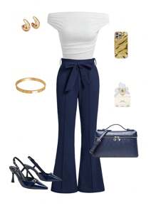 Ellevyn Pantalones de campana con cinturón y costuras frontales para mujer