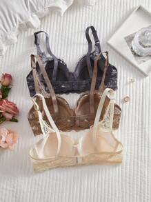 SHEIN 3pcs Set Minimalist Women Underwired Sexy Lace Bra, French Romantic Lingerie