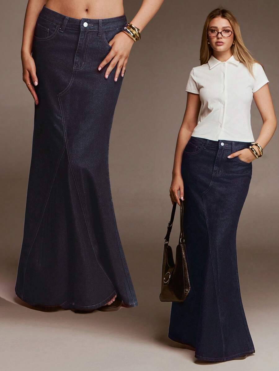 Avantive Fashionable Commuter Washed Denim Fish Tail Skirt - Blue - View 1