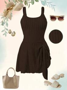 Swim Lushoire 大码女式米色特殊面料细肩带连体裙式泳衣，优雅简约夏季沙滩装 - 棕色 - 查看 1