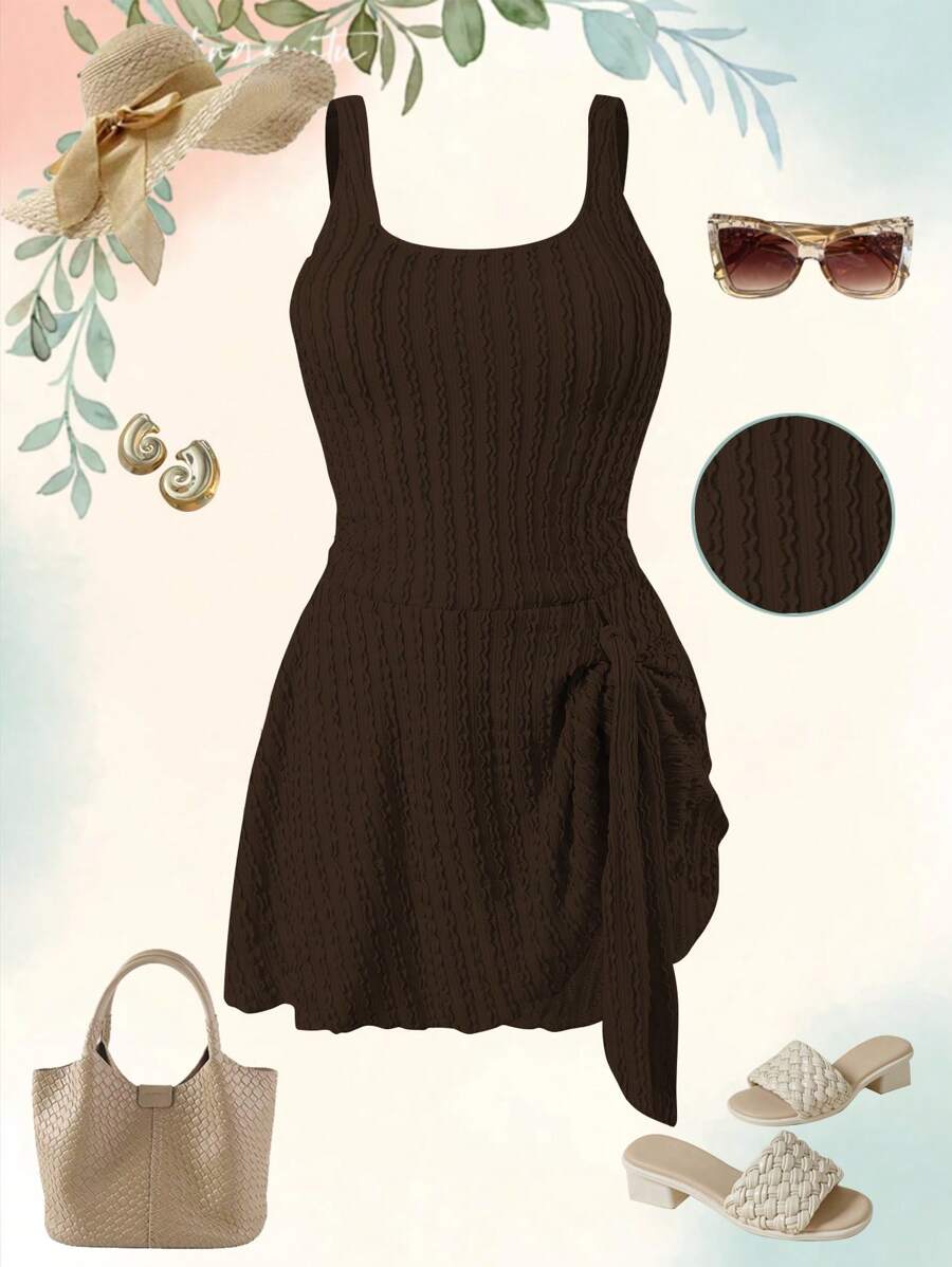 Swim Lushoire 大码女式米色特殊面料细肩带连体裙式泳衣，优雅简约夏季沙滩装 - 棕色 - 查看 1