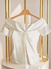 Franclia 法式优雅缎面蝴蝶结露肩漂亮衬衫，夏季衬衫