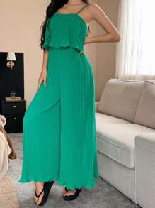 DAZY Piyama Jumpsuit Tanpa Lengan Longgar Berlipit Warna Polos, Pakaian Kembali ke Sekolah - Hijau - View 5