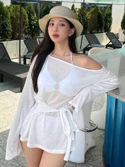 DAZY Women's Solid Color Asymmetrical Neck Long Sleeve Casual Sheer Cover-Up