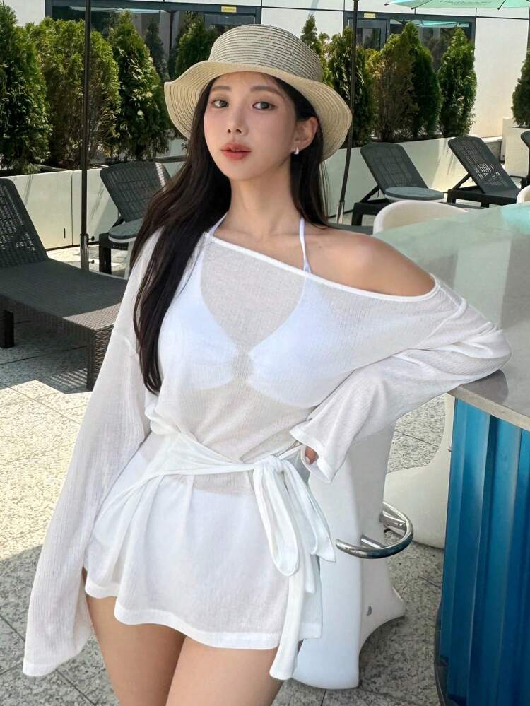 Women's Solid Color Asymmetrical Neck Long Sleeve Casual Sheer Cover-Up Vacation