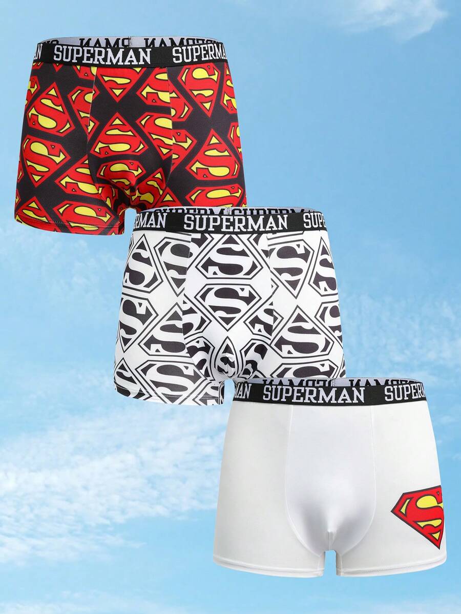 SUPERMAN X SHEIN 3pcs Men's Black & White Comfortable Logo Print Contrast Tape Waist Boxer Trunk,Basic Casual Boxer Brief - Black and White - View 1