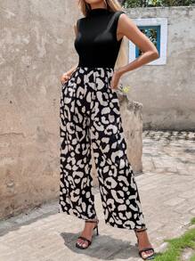 SHEIN Clasi Mono de pierna ancha con estampado de leopardo, de punto sin mangas, con hombros acolchados y acanalados, de cintura ceñida y estilizadora, elegante para uso diario y vacaciones, para primavera/verano - Multicolor - Ver 5