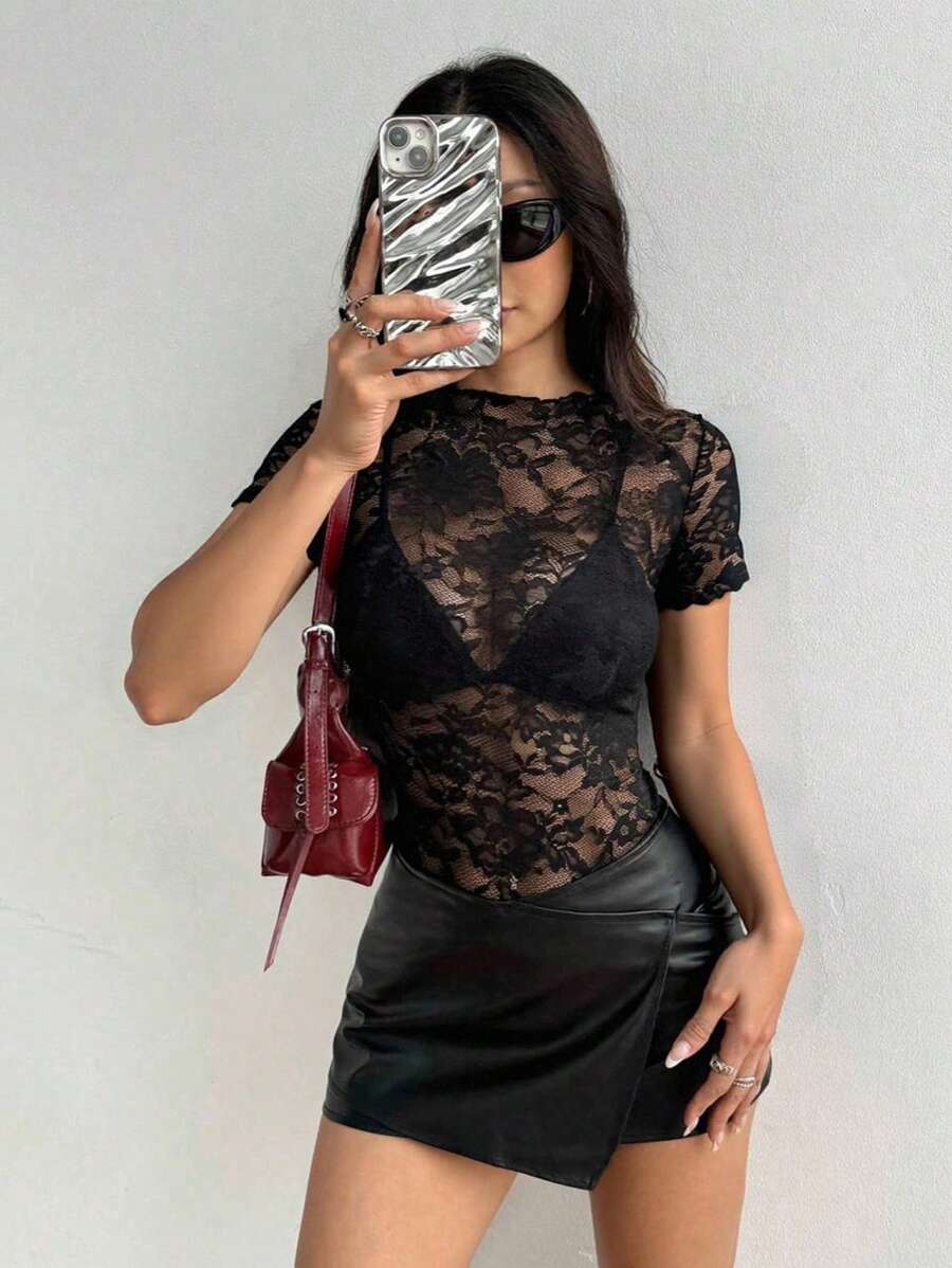 EgrlEra 女式纯色短袖性感蕾丝透明衬衫，夏季 - 黑色 - 查看 1