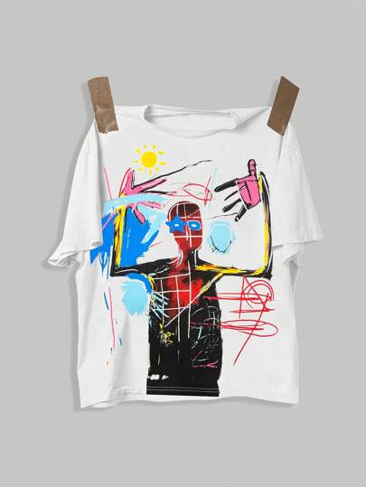 Street Life Camiseta de manga corta casual con estampado de grafiti de dibujos animados para hombres, versátil para el verano