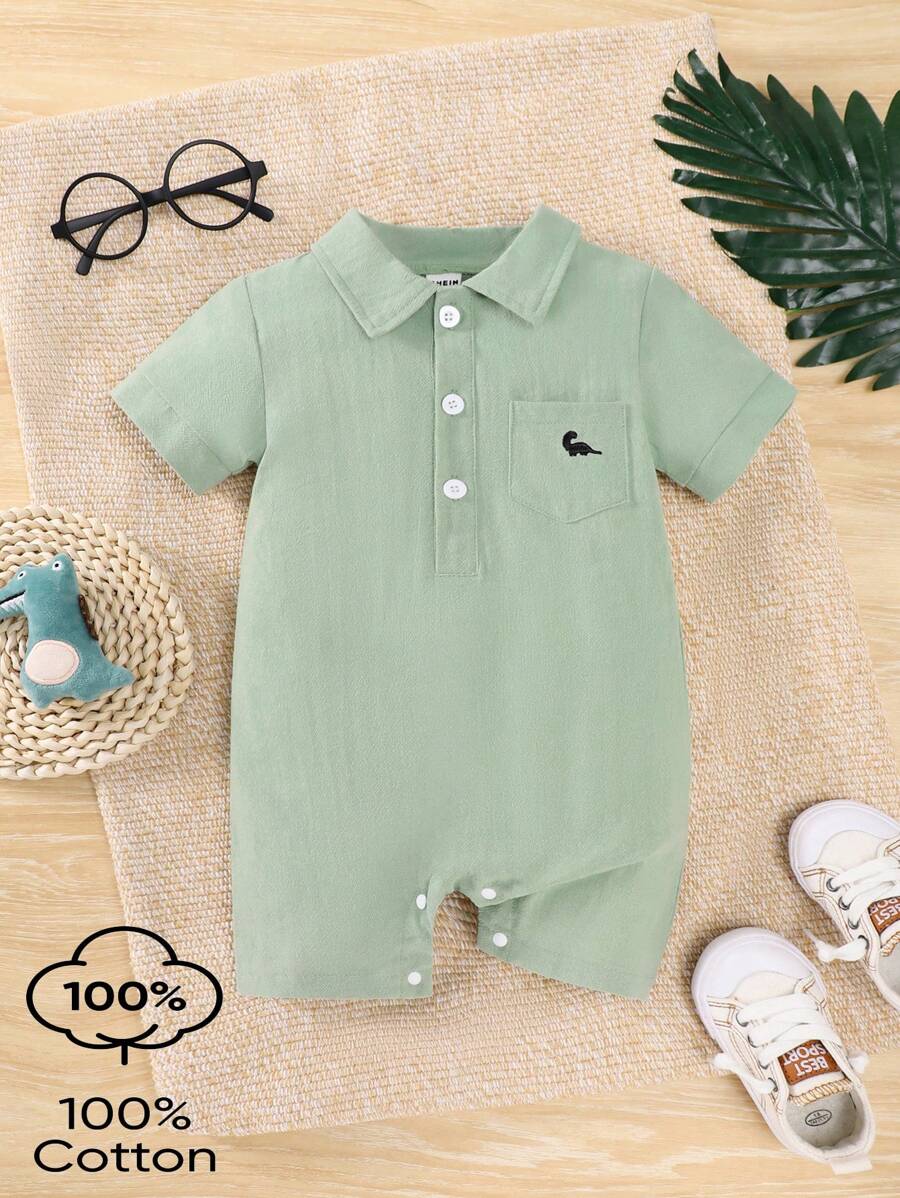 SHEIN Baby Boys Dinosaur Embroidery Short Sleeve Romper - Green - View 1