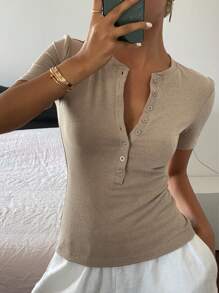 DAZY Women's Fitted Off-Shoulder Short Sleeve T-Shirt, Casual Everyday Wear - Khaki - View 6