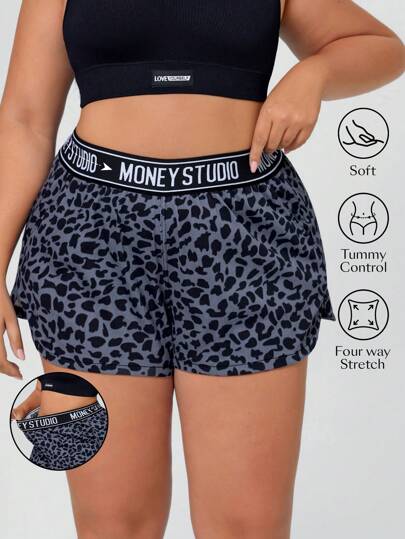 SHEIN Essnce Plus Size Women High Elasticity Knitted Denim Leopard Print Casual Loose Lightweight Active Cargo Shorts