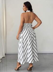 SHEIN Unity Plus Size Striped Collared Button Down Waist Cinched Waist Midi Dress, Work Casual For Summer - Black and White - View 2