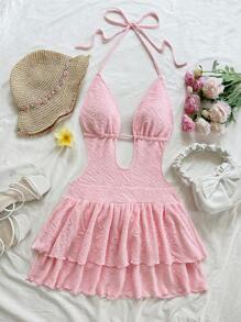 Soleia 女式复古扎染印花深 V 领露背系带迷你连衣裙，双荷叶边下摆，适合派对、性感约会、下午茶、城市/海滩度假、音乐节、夏季 - 黃色 - 查看 3